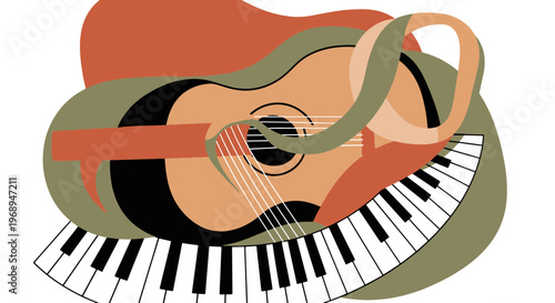 Abstract Jazz Music Composition Featuring a Stylized Guitar and Flowing Piano Keys for Artistic Expression