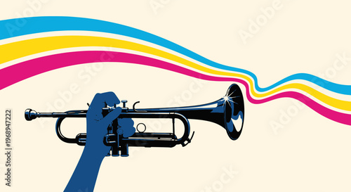 Blue Hand Holding a Shiny Black Trumpet with Flowing Colorful Musical Soundwaves for Jazz Performance