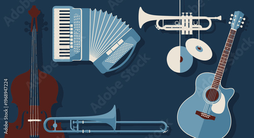Classic Jazz Instruments Array Featuring Upright Bass Guitar Trumpet and Accordion Elements