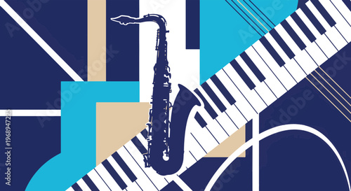 Abstract Geometric Composition with Saxophone Piano Keys and Modern Shapes for Jazz Music Events