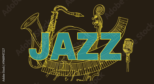 Classic Jazz Musical Instruments Including Saxophone Piano Microphone and Bass String Outlines on Dark Background