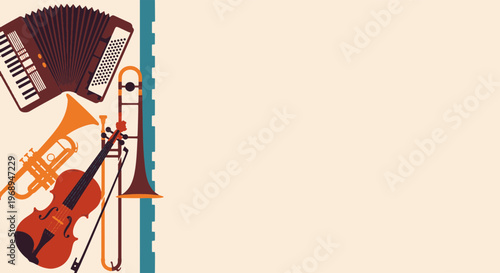 Classic Musical Instruments Accordion Trumpet Violin and Trombone Creatively Grouped for Jazz Performances