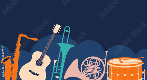 Colorful Collection of Various Musical Instruments for a Jazz Concert Performance Against a Dark Blue Stage