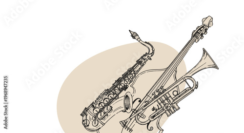 Classic Jazz Music Instruments Arrangement Saxophone Trumpet and Double Bass Line Art
