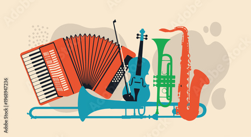 Colorful Musical Instruments in a Lively Arrangement for Concert Posters Music Events and Creative Jazz Designs