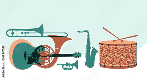 Contemporary Jazz Music Instrument Collection with Flat Design Style for Melodic Artistic Compositions