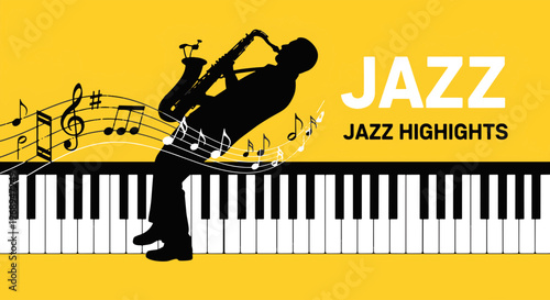 Creative Jazz Musician Silhouette Playing Saxophone on a Piano Keyboard with Melodic Notes and Jazz Highlights Branding