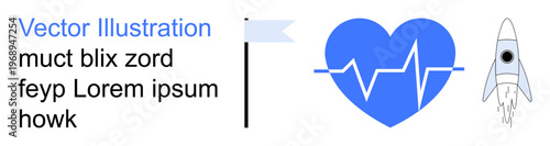 Health awareness, scientific innovation, goal setting, space exploration, leadership, creative thinking. Blue heart with pulse, vertical flag and rocket. Health awareness and scientific innovation