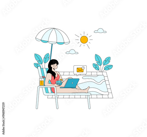 Woman Relaxing and Working at Poolside Vector Illustration