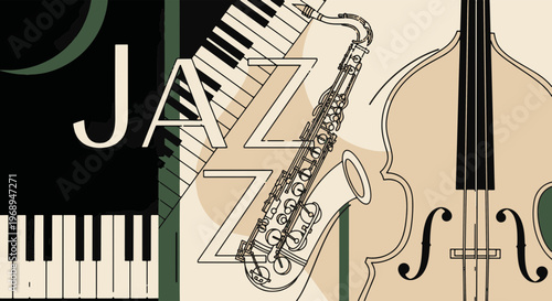 Dynamic Jazz Music Concept Featuring Saxophone Piano Keyboard and Upright Bass for Creative Projects