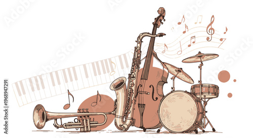 Dynamic Jazz Musical Instruments Ensemble with Flowing Music Notes and Abstract Shapes for Concert Design