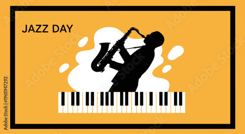 Dynamic Silhouette of a Saxophonist Playing Jazz Music on a Stage with a Piano Keyboard Design