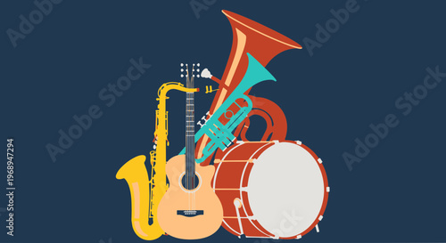 Dynamic Jazz Music Ensemble Featuring a Saxophone Acoustic Guitar Trumpet Tuba and Drum