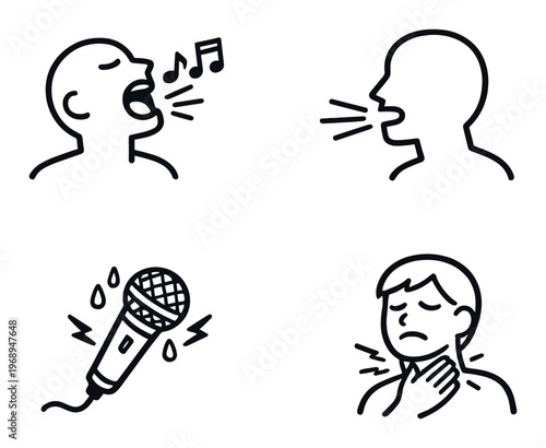 Singing and speaking icons with microphone and throat pain on dark
