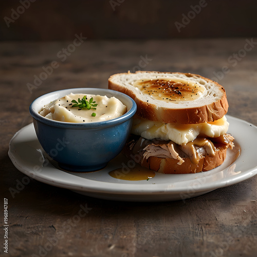 Hot turkey sandwich with mashed potatoes served on a rustic table