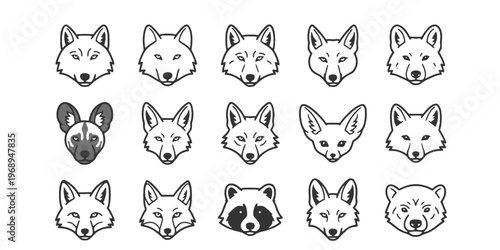 15 Black and White Wolf and Wild Canine Vector Icons Flat Line Art Set