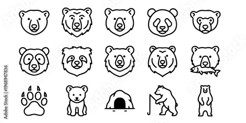 15 Black and White Bear Species Vector Icons Flat Line Art Microstock Set