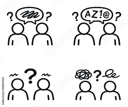 Two people showing language confusion on dark background