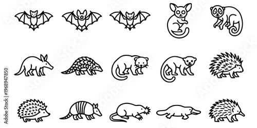 15 Black and White Small Mammal and Rodent Vector Icons Flat Line Art