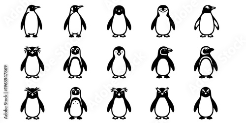 15 Black and White Penguin Species Vector Icons Flat Line Art Bundle