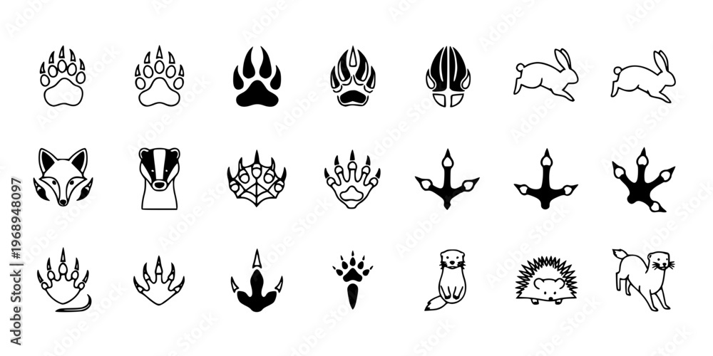 Obraz premium 15 Black and White Animal Track Footprint Vector Icons Flat Line Art