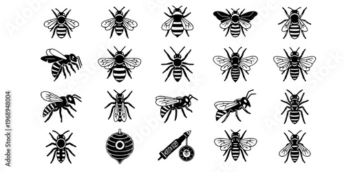 15 Black and White Bee Wasp Hornet Vector Icons Flat Line Art Collection