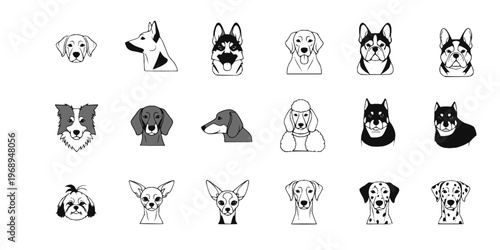 15 Black and White Dog Breed Pet Vector Icons Flat Line Art Collection