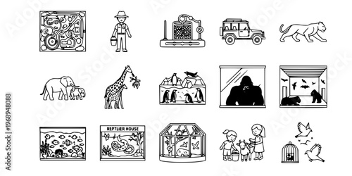 15 Black and White Zoo Safari Animal Vector Icons Flat Line Art Bundle