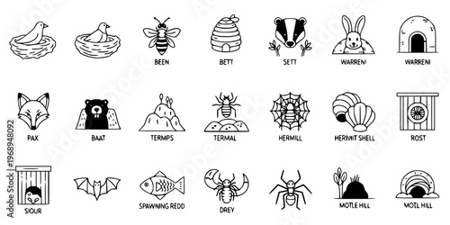 15 Black and White Animal Home Habitat Vector Icons Flat Line Art