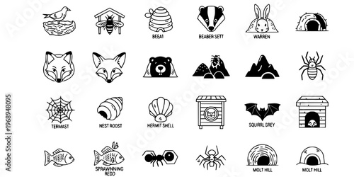 15 Black and White Animal Home Habitat Vector Icons Flat Line Art