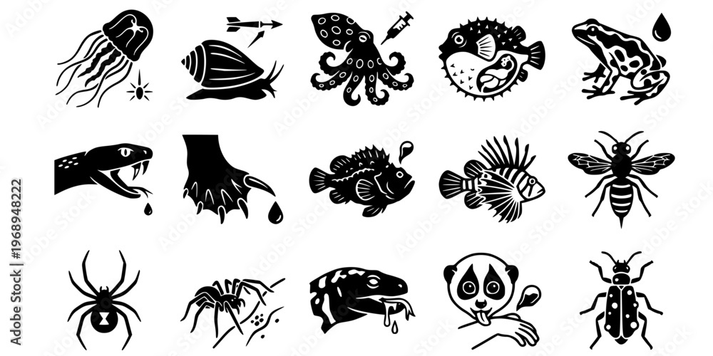 Fototapeta premium 15 Black and White Animal Venom Toxin Vector Icons Flat Line Art Set
