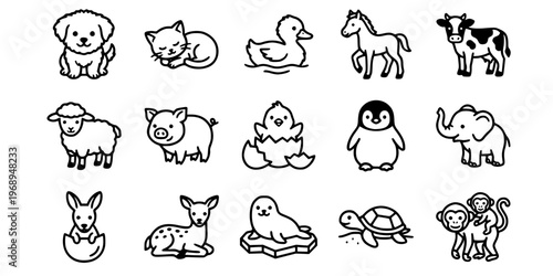 15 Black and White Cute Baby Animal Vector Icons Flat Line Art Collection
