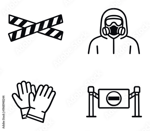 Hazmat and safety icons with protective gear and barrier