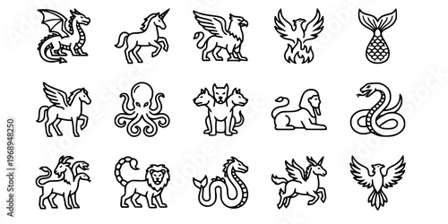 15 Black and White Mythological Legendary Animal Vector Icons Flat Line Art