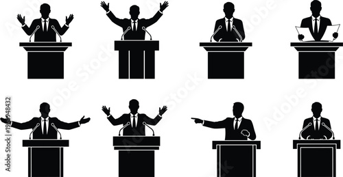 Business speaker silhouettes at podium set, public speaking gestures, political speech concept, conference presentation vector illustration isolated on white background
