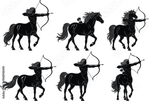 Centaur archer silhouette set in black and white, mythological creature with bow and arrow isolated for fantasy illustration and design use