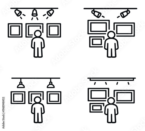 Person viewing multiple framed artworks under various gallery lights