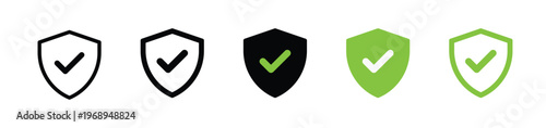 Shield check mark icon with green security protection symbol, safe verified shield vector illustration