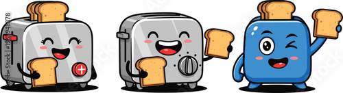 Cute cartoon toaster characters holding bread slices with happy expressions, kitchen appliance mascots illustration for breakfast, food branding, and children design