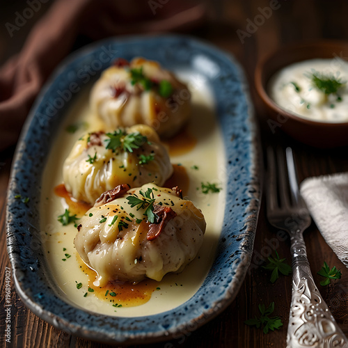Delicious lithuania cepelinai with beef served on rustic plate