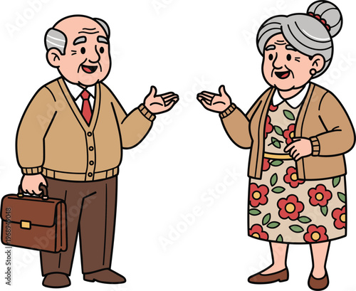Cute elderly couple talking happily, senior man and woman cartoon illustration, friendly conversation, retirement lifestyle, smiling grandparents isolated on white background