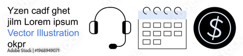 Customer service, scheduling, finance, workflow, organization, payment solutions. Black headset, calendar and dollar sign icon. Customer service and scheduling focus