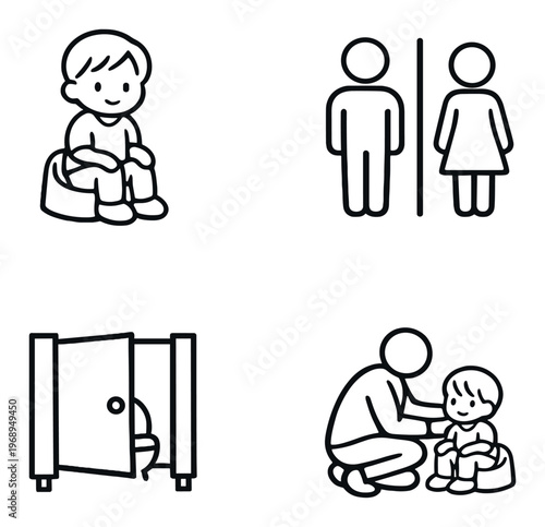 Child on potty with caregiver and restroom icons on wall