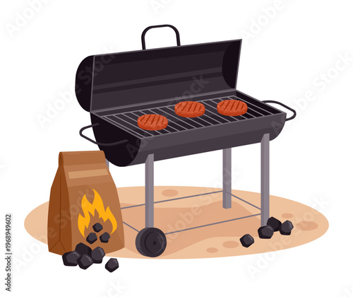 Cartoon bbq grill. Barbecue charcoal cookout equipment, BBQ party device with cooking rack flat vector illustration. Charcoal grill for country house on white background