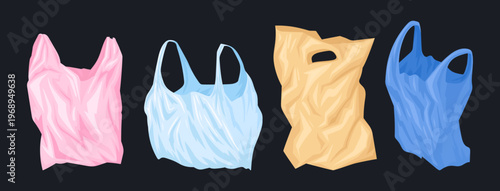 Cartoon plastic bags. Used crushed plastic bags for recycling, ecology problem plastic garbage pollution flat vector illustration set. Disposable plastic bags isolated on white