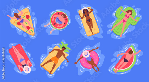 Characters floating on pool float. People swimming in ocean or pool, Inflatable mattress of various shapes, summer sea vacation recreation flat vector illustration set. Cartoon people on water mats