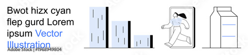 Business data, urban development, sustainability, digital progress, energy savings, and eco-conscious living. Vertical bar charts, a person walking through a frame and a milk carton. Urban