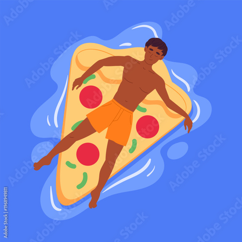Male character on pizza shaped pool float. Man swimming on inflatable mattress, swimming pool or sea flat vector illustration. Cartoon guy relaxing on rubber mattress