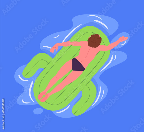 Man swimming on inflatable mattress. Male character on cactus shaped pool float, swimming pool or sea flat vector illustration. Guy relaxing on rubber mattress