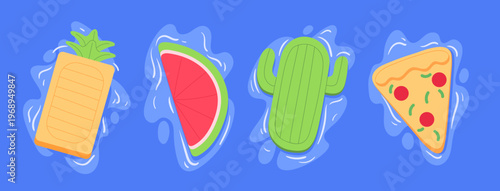 Man swimming on inflatable mattress. Male character on cactus shaped pool float, swimming pool or sea water mats flat vector illustration set. Rubber mattress collection